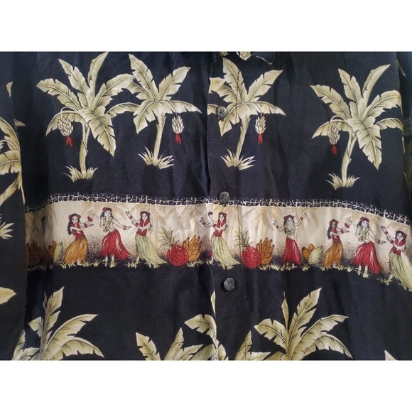 Pierre Cardin‎ Medium Button Up Hawaiian Shirt Collared Black Korea Hula Palm - Picture 2 of 16
